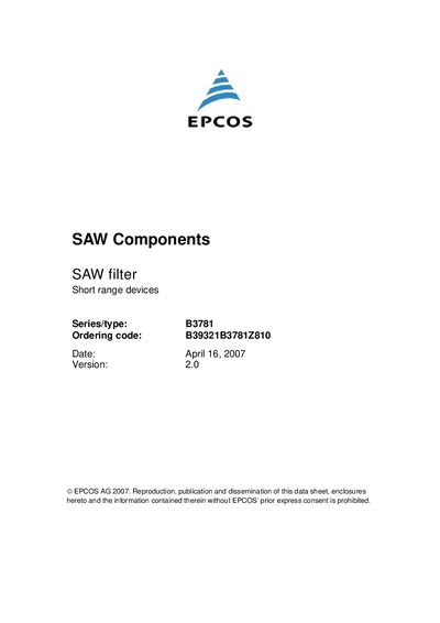 EPCOS B3781 SAW Filter Data Sheet - cover page