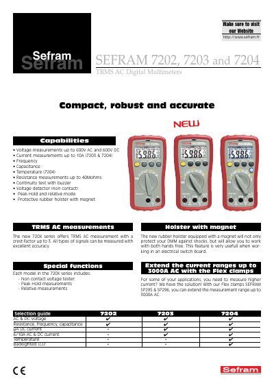 SEFRAM 7202, 7203, 7204 TRMS AC Digital Multimeter Datasheet - cover page
