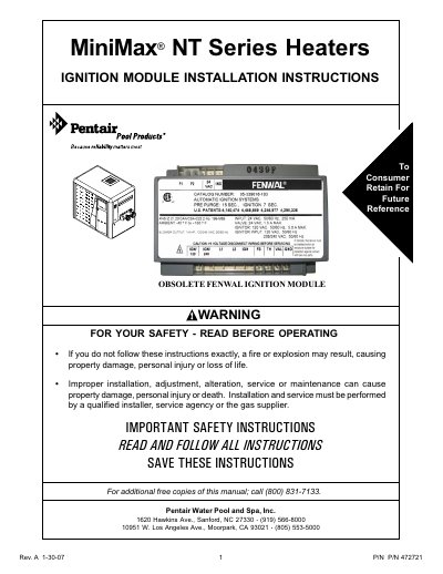 Pentair MiniMax NT Ignition Module Installation Instructions - cover page