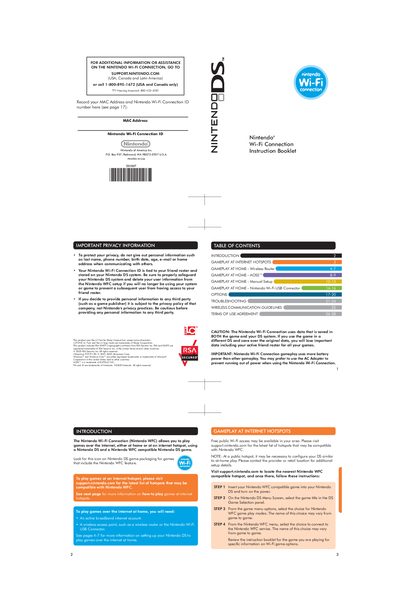Nintendo DS Wi‑Fi Connection Instruction Booklet - cover page