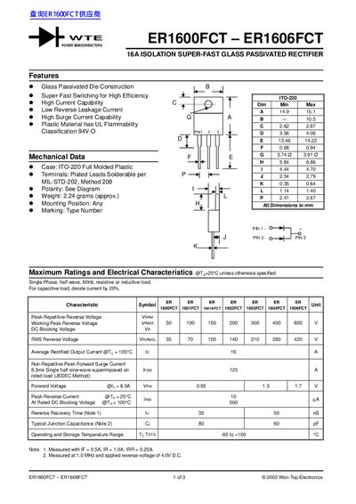 WTE ER1600FCT – ER1606FCT 16A Isolation Super-Fast Glass Passivated Rectifier Datasheet - cover page