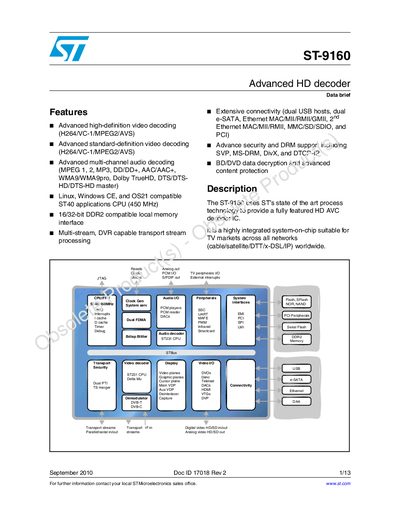 STMicroelectronics ST-9160 Advanced HD Decoder Datasheet - cover page