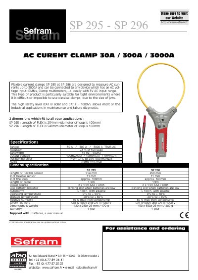 Sefram SP 295 / SP 296 AC Current Clamp Product Data Sheet - cover page