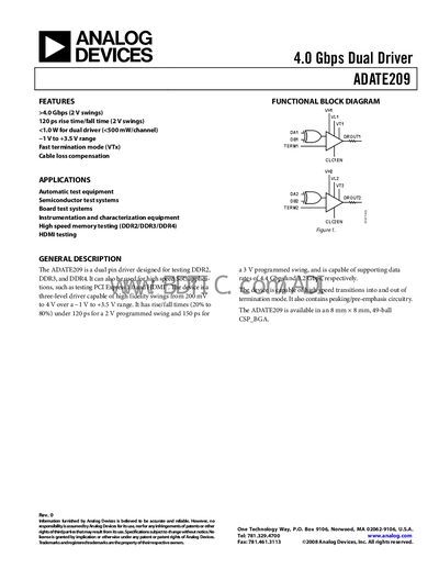 Analog Devices ADATE209 Dual Driver Datasheet - cover page