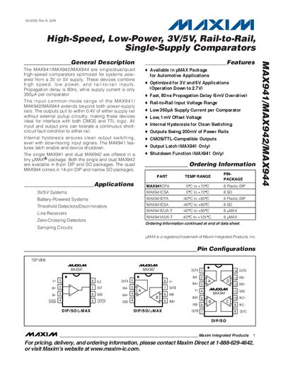 Maxim MAX941/MAX942/MAX944 Comparator Datasheet - cover page