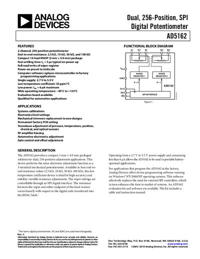 Analog Devices AD5162 Dual 256-Position SPI Digital Potentiometer Datasheet - cover page