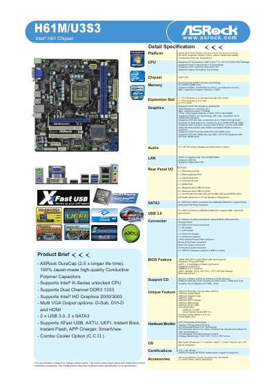 ASRock H61M/U3S3 Motherboard Specification Manual - cover page