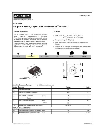 Fairchild FDC658P Single P-Channel MOSFET Datasheet - cover page