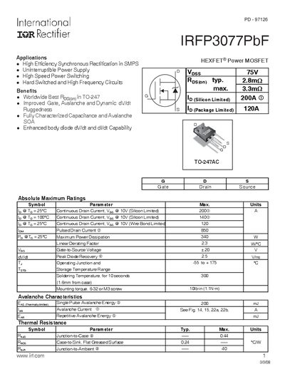International Rectifier IRFP3077PbF HEXFET Datasheet - cover page