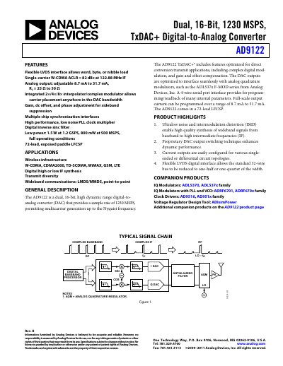 Analog Devices AD9122 Digital-to-Analog Converter Datasheet - cover page