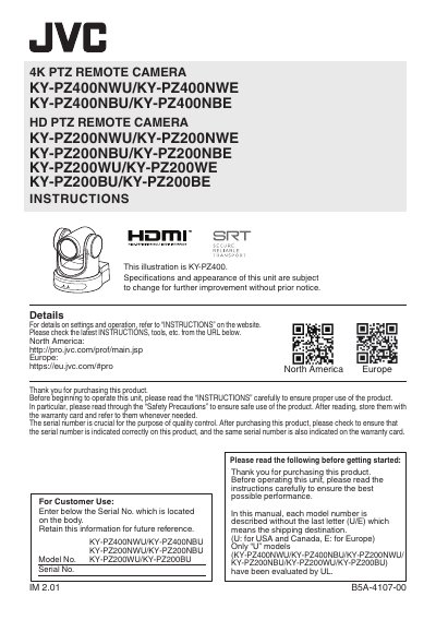 JVC PTZ Remote Camera KY-PZ400NWU/KY-PZ400NBU/KY-PZ200NWU/KY-PZ200NBU/KY-PZ200WU/KY-PZ200BU User Manual - cover page