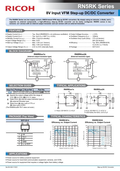 Ricoh RN5RK Series 8V Input VFM Step-up DC/DC Converter Datasheet - cover page