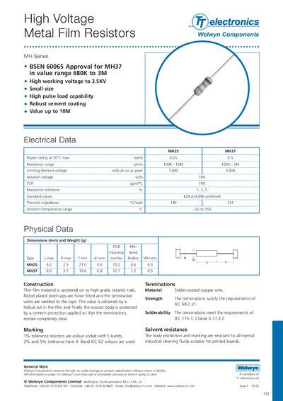 Welwyn Components MH Series High Voltage Metal Film Resistors Datasheet - cover page
