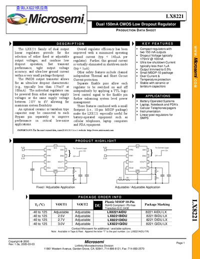 Microsemi LX8221 Dual Output LDO Regulator Data Sheet - cover page