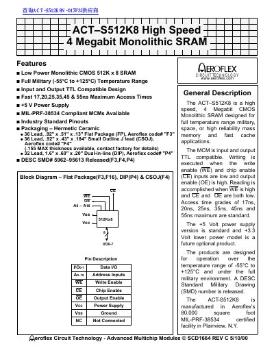 Aeroflex ACT-S512K8 High Speed 4 Megabit Monolithic SRAM Datasheet - cover page