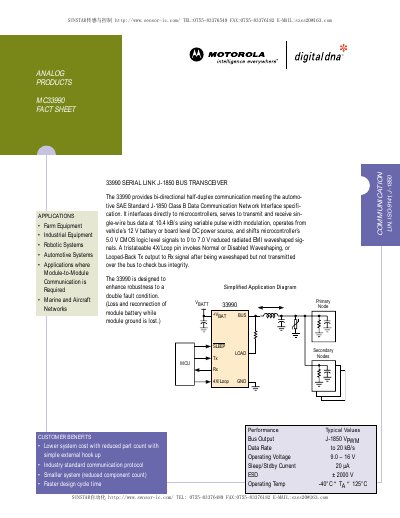 Motorola MC33990 J-1850 Bus Transceiver Fact Sheet - cover page