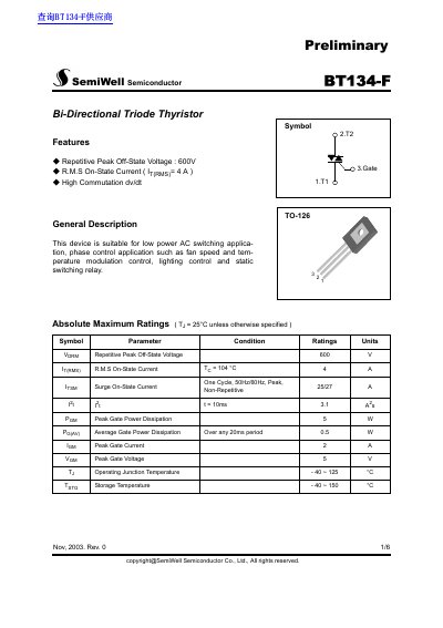 SemiWell BT134-F Bi-Directional Triode Thyristor Datasheet - cover page