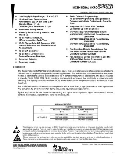 Texas Instruments MSP430F42x0 Handbook - cover page