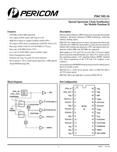 Pericom Semiconductor PI6C102-16 Datasheet - cover page