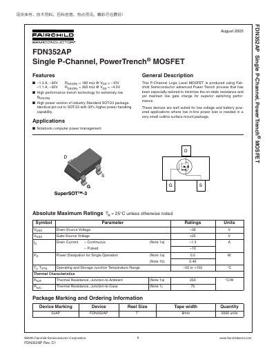 Fairchild FDN352AP Single P-Channel PowerTrench MOSFET Datasheet - cover page