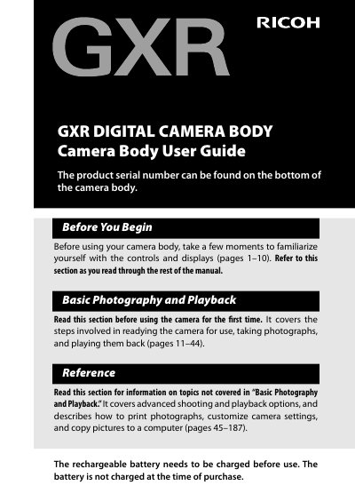 Ricoh GXR Digital Camera Body User Guide - cover page
