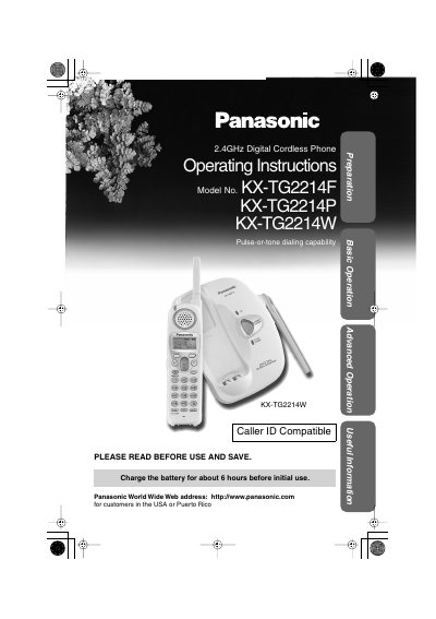 Panasonic KX-TG2214F/KX-TG2214P/KX-TG2214W 2.4GHz Digital Cordless Phone Operating Instructions