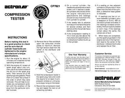 Actron CP7821 Compression Tester Instructions - cover page