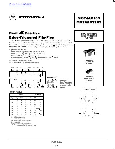 Motorola MC74AC109/MC74ACT109 Dual JK Flip-Flop Datasheet - cover page