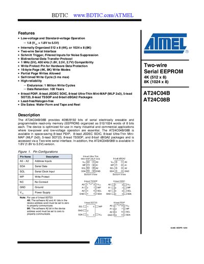 Atmel AT24C04B/AT24C08B EEPROM Datasheet - cover page