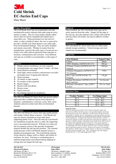 3M EC-Series Cold Shrink End Caps Data Sheet - cover page