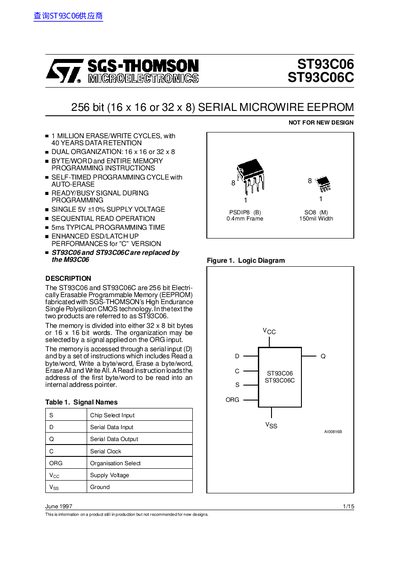 STMicroelectronics ST93C06/ST93C06C 256-bit Serial EEPROM Datasheet - cover page