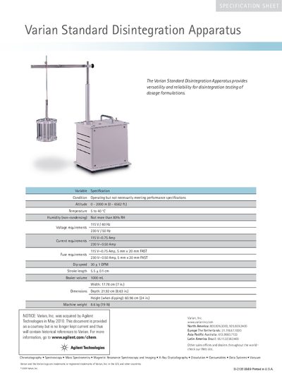 Varian Standard Disintegration Apparatus Product Leaflet - cover page