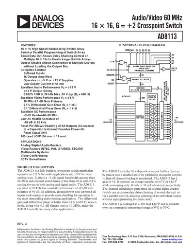 Analog Devices AD8113 Crosspoint Switch Datasheet - cover page