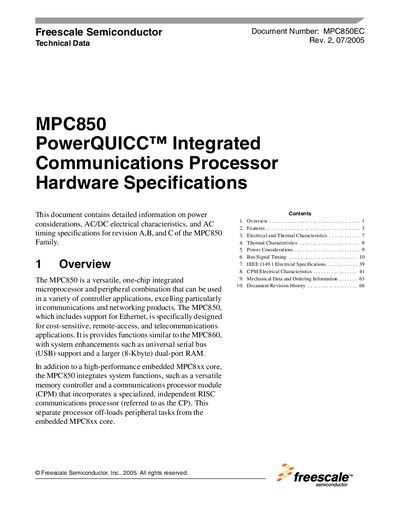 Freescale MPC850 PowerQUICC Integrated Communications Processor Hardware Specifications - cover page
