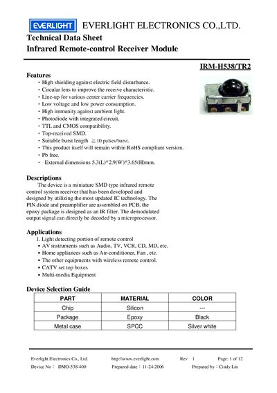 Everlight IRM-H538/TR2 Infrared Receiver Module Datasheet - cover page