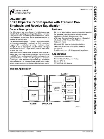 National Semiconductor DS25BR204 3.125 Gbps 1:4 LVDS Repeater Datasheet - cover page