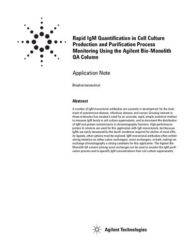 Agilent Bio-Monolith OA Column IgM Quantification Application Note - cover page