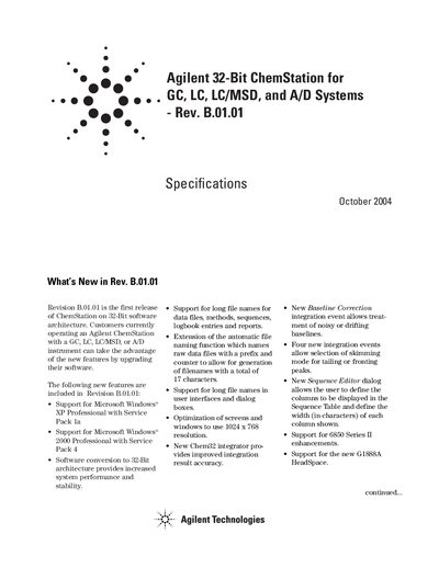 Agilent ChemStation Rev. B.01.01 Functional Specifications Manual - cover page