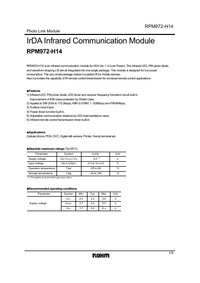 ROHM RPM972-H14 Photo Link Module Datasheet - cover page