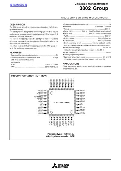 Mitsubishi Electric 3802 Group Data Sheet - cover page