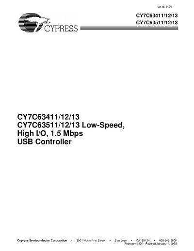 Cypress CY7C63411/12/13 CY7C63511/12/13 Low-Speed High I/O USB Controller Datasheet