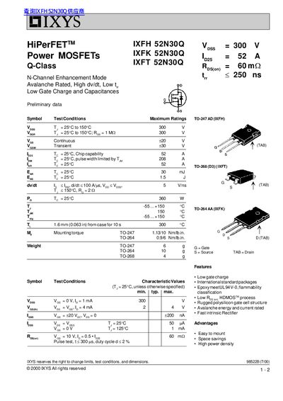 IXYS IXFH 52N30Q/IXFK 52N30Q/IXFT 52N30Q Power MOSFET Datasheet - cover page