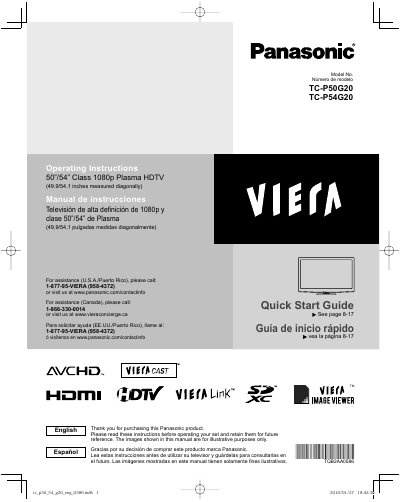 Panasonic TC-P50G20/TC-P54G20 Plasma HDTV Quick Start Guide - cover page