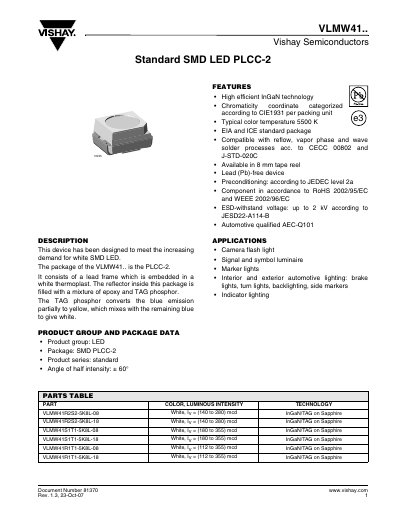 Vishay VLMW41.. Standard SMD LED PLCC-2 Datasheet - cover page