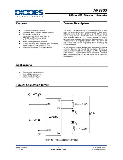 Diodes AP8800 350mA LED Step-down Converter Datasheet - cover page