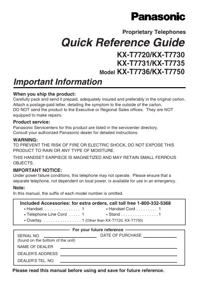 Panasonic KX‑T7720/KX‑T7730 Telephone Quick Reference Guide - cover page