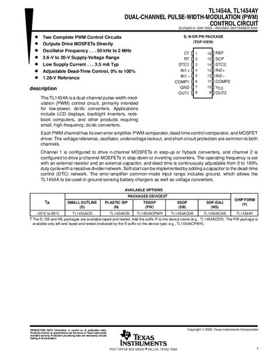 Texas Instruments TL1454A TL1454AY Dual-Channel PWM Control Circuit Handbook - cover page