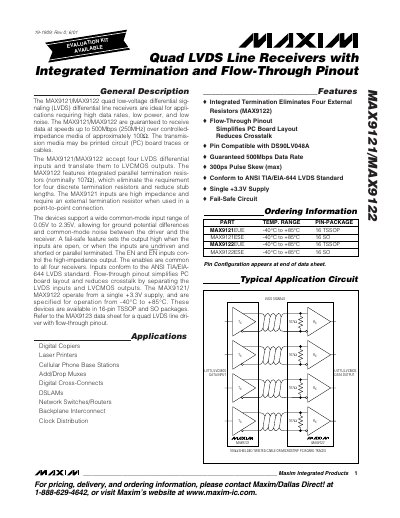 Maxim MAX9121/MAX9122 Quad LVDS Line Receiver Datasheet - cover page