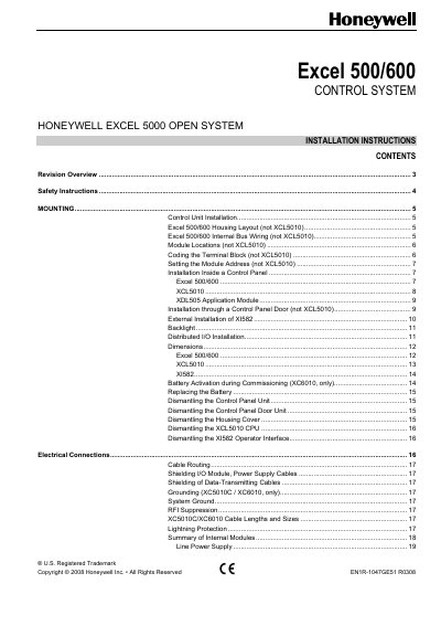 Honeywell Excel 500/600 Control System Installation Guide - cover page