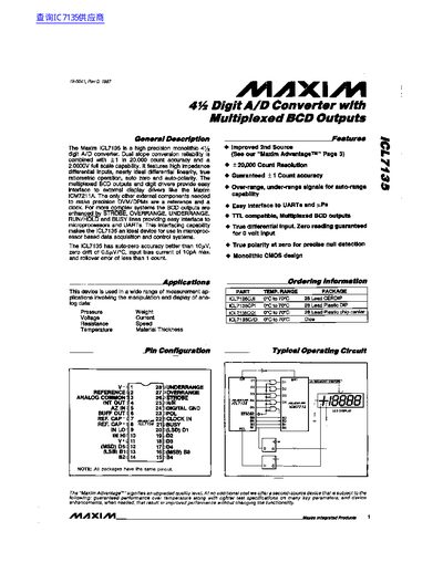 Maxim ICL7135 Data Sheet - cover page